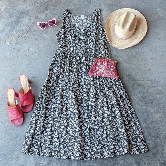 Vintage Banana Republic Black White Floral Button Down Sleeveless Midi Dress 6 - Picture 1 of 6